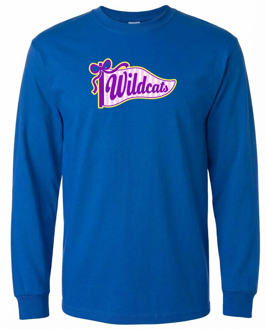 A blue long-sleeved t-shirt with a purple and yellow graphic design featuring the text "Wildcats" on it.