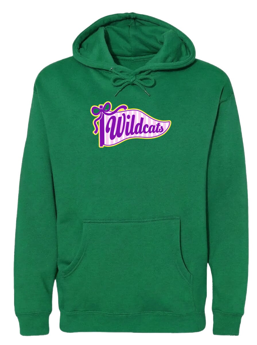 A green hoodie with a purple and yellow graphic on the front, featuring the text "Wildcats".