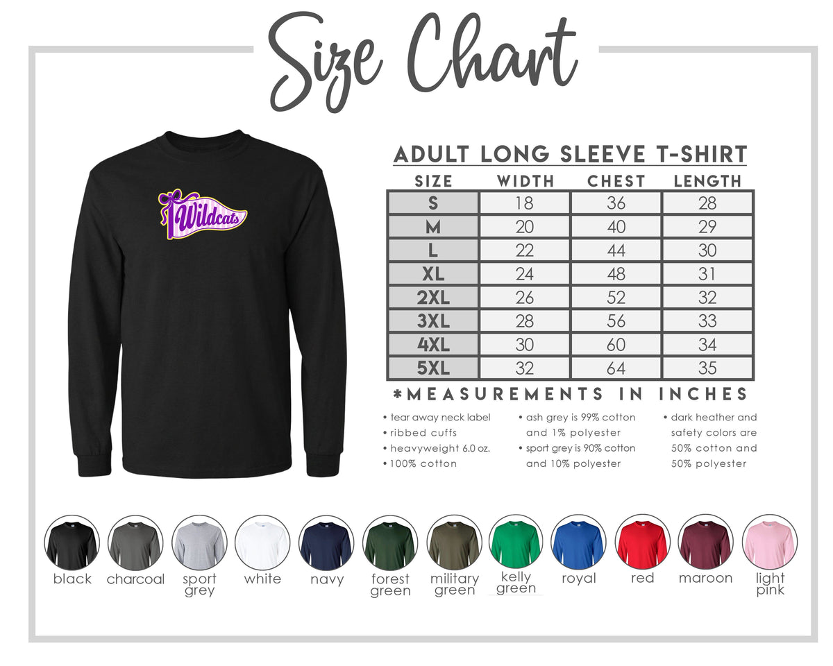 The image is a size chart for an adult long sleeve t-shirt, providing measurements and corresponding shirt colors.