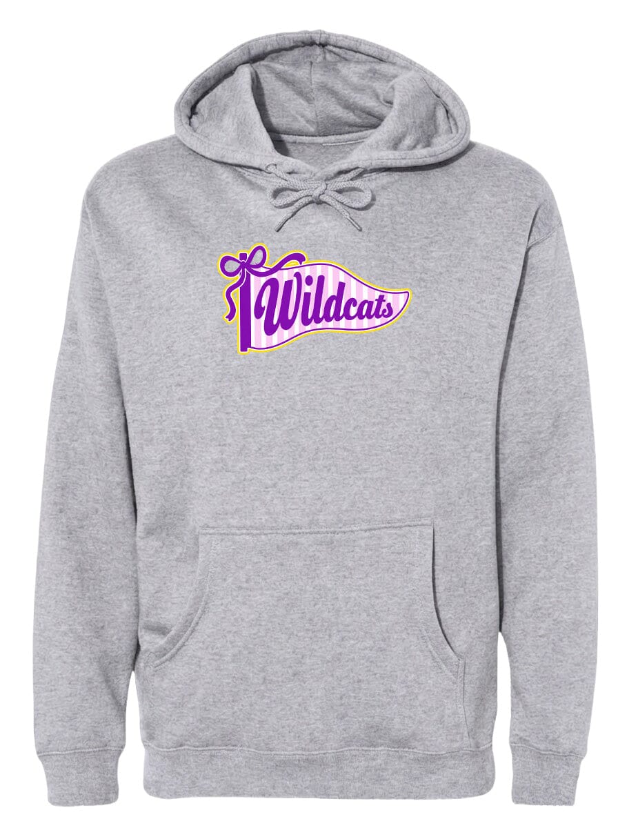 A gray hooded sweatshirt with a graphic design on the front.