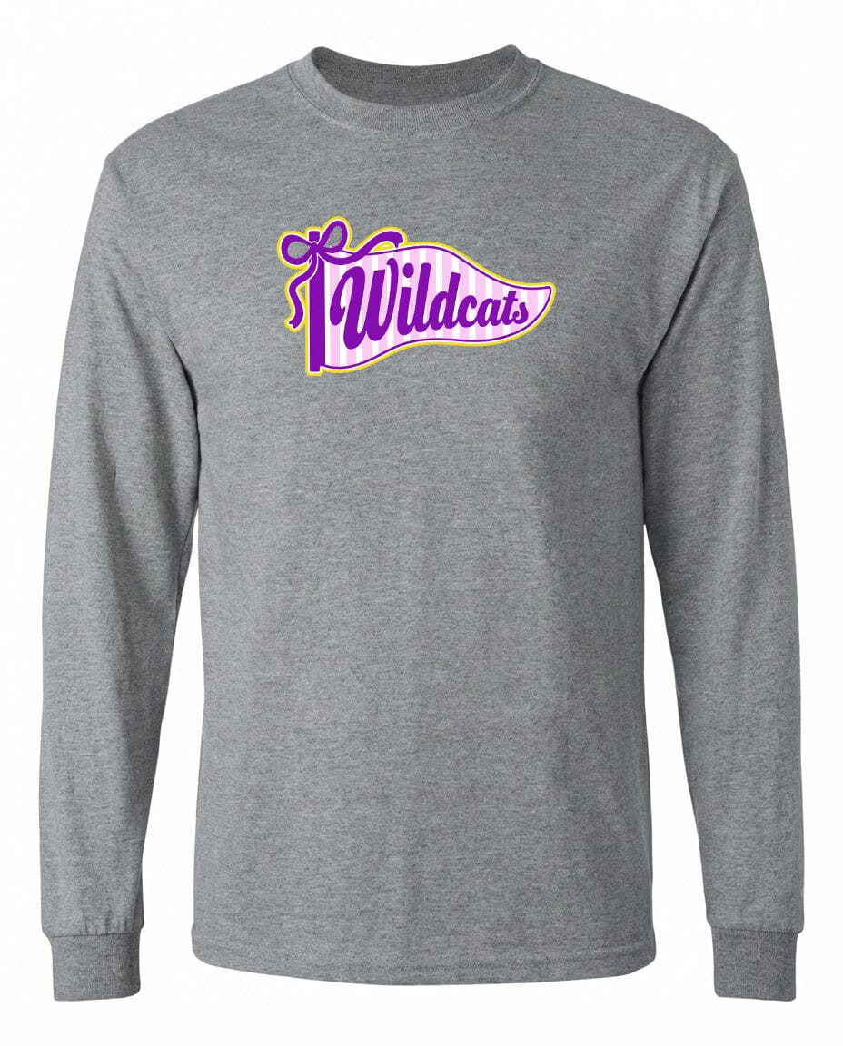 A gray long-sleeved t-shirt with a graphic design featuring the text "Wildcats" in purple and yellow colors.