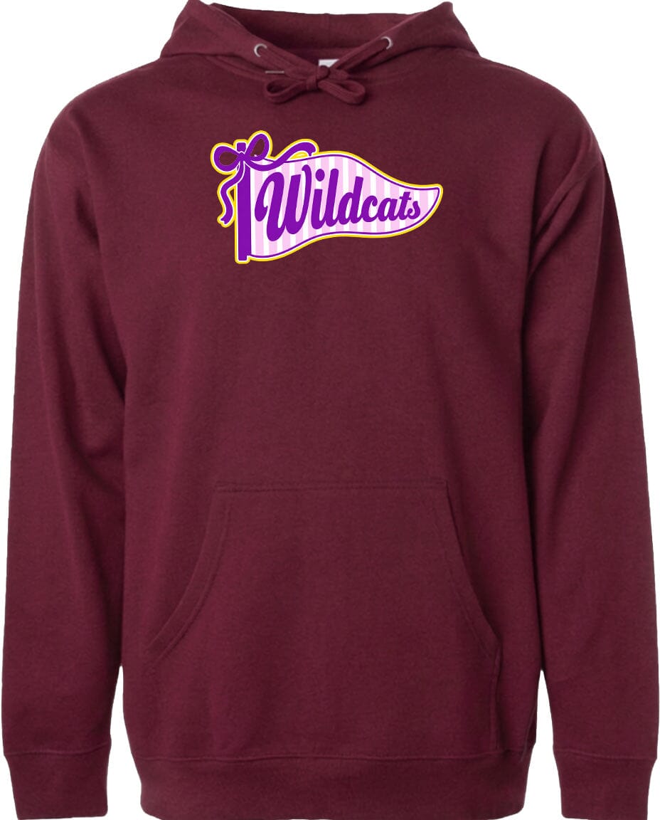 A burgundy hoodie with a graphic design featuring the text "Wildcats" in purple and yellow colors.