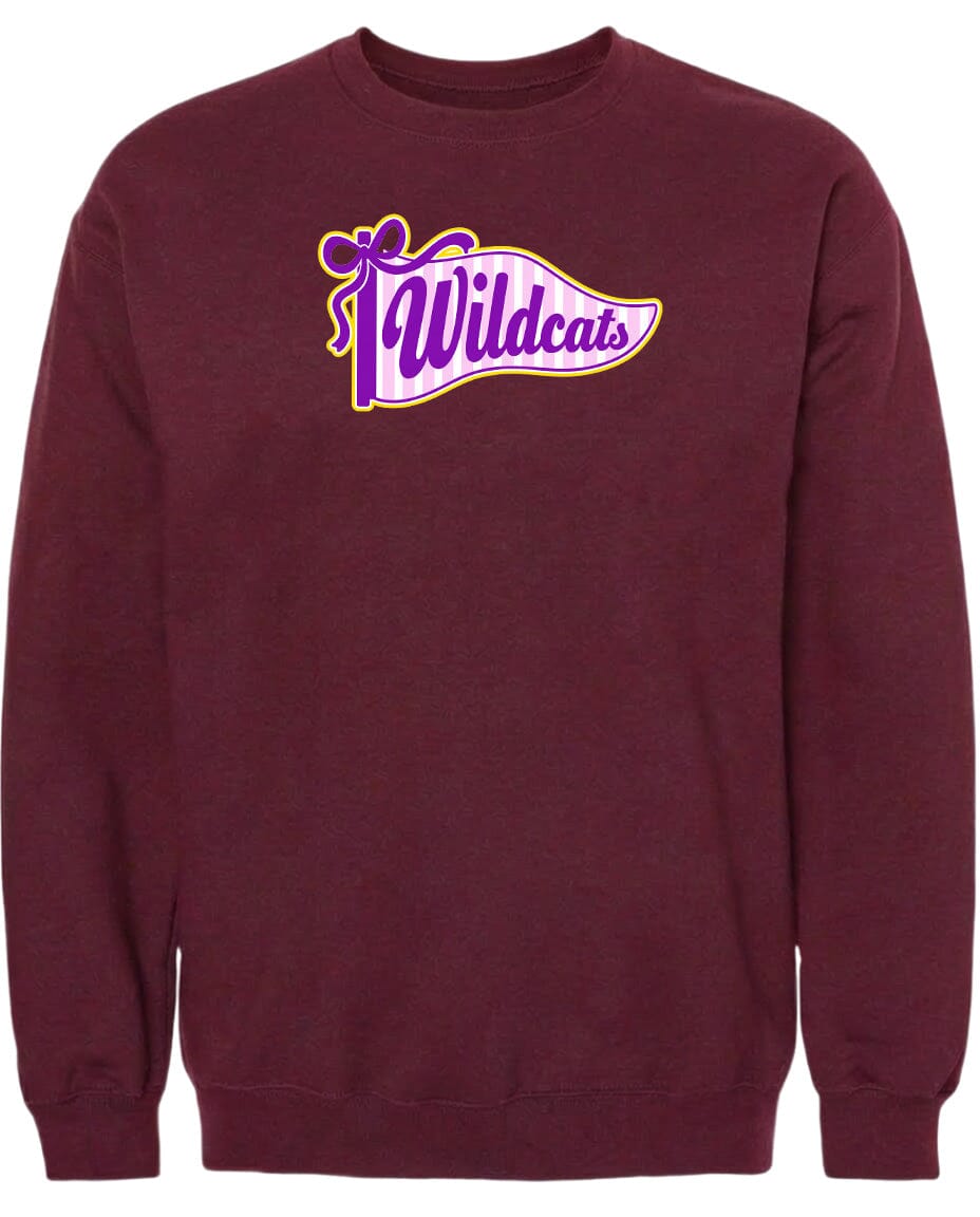 A burgundy-colored sweatshirt with a graphic design featuring the word "Wildcats" in purple and yellow colors.