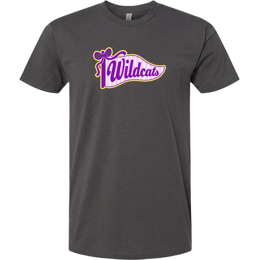 A gray t-shirt with a graphic design featuring the text "Wildcats" in purple and yellow colors.