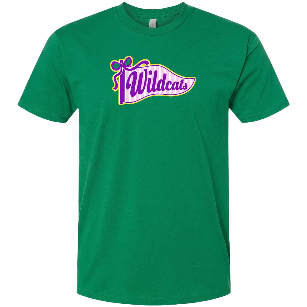 A green t-shirt with a purple and yellow graphic design featuring the text "Wildcats" on it.