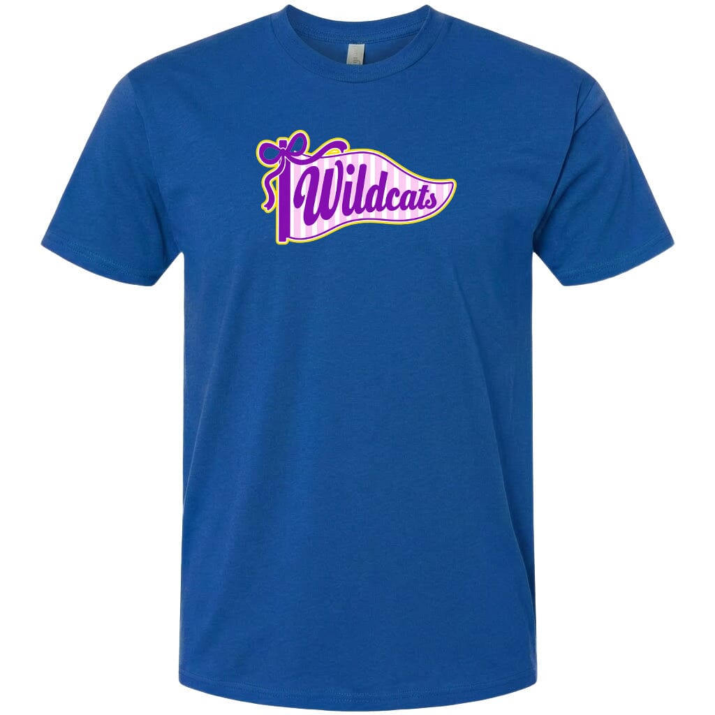 A blue t-shirt with a graphic design featuring the text "Wildcats" in purple and yellow colors.