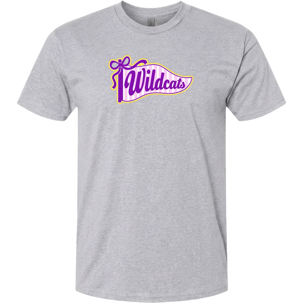 A gray t-shirt with a graphic design featuring the text "Wildcats" in purple and yellow colors.