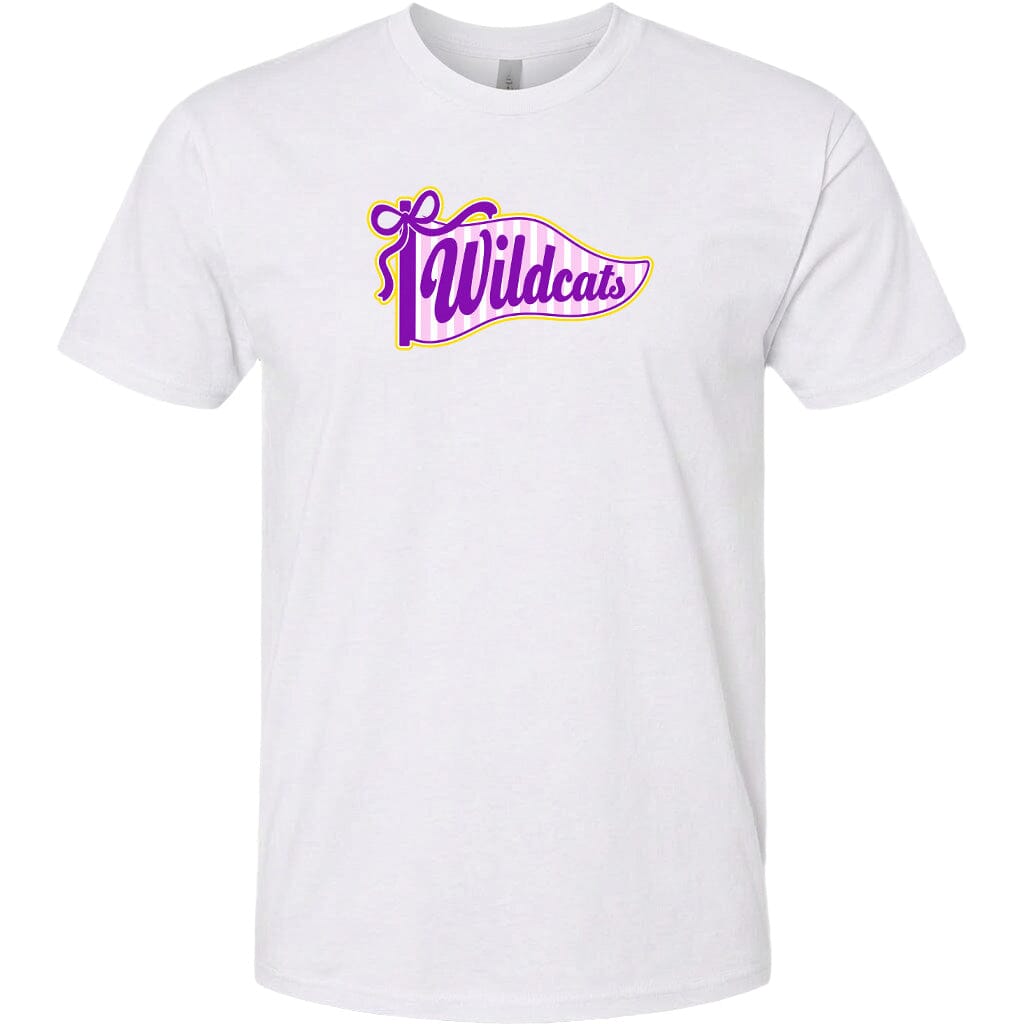 A white t-shirt with a graphic design featuring the text "Wildcats" in purple and yellow colors.
