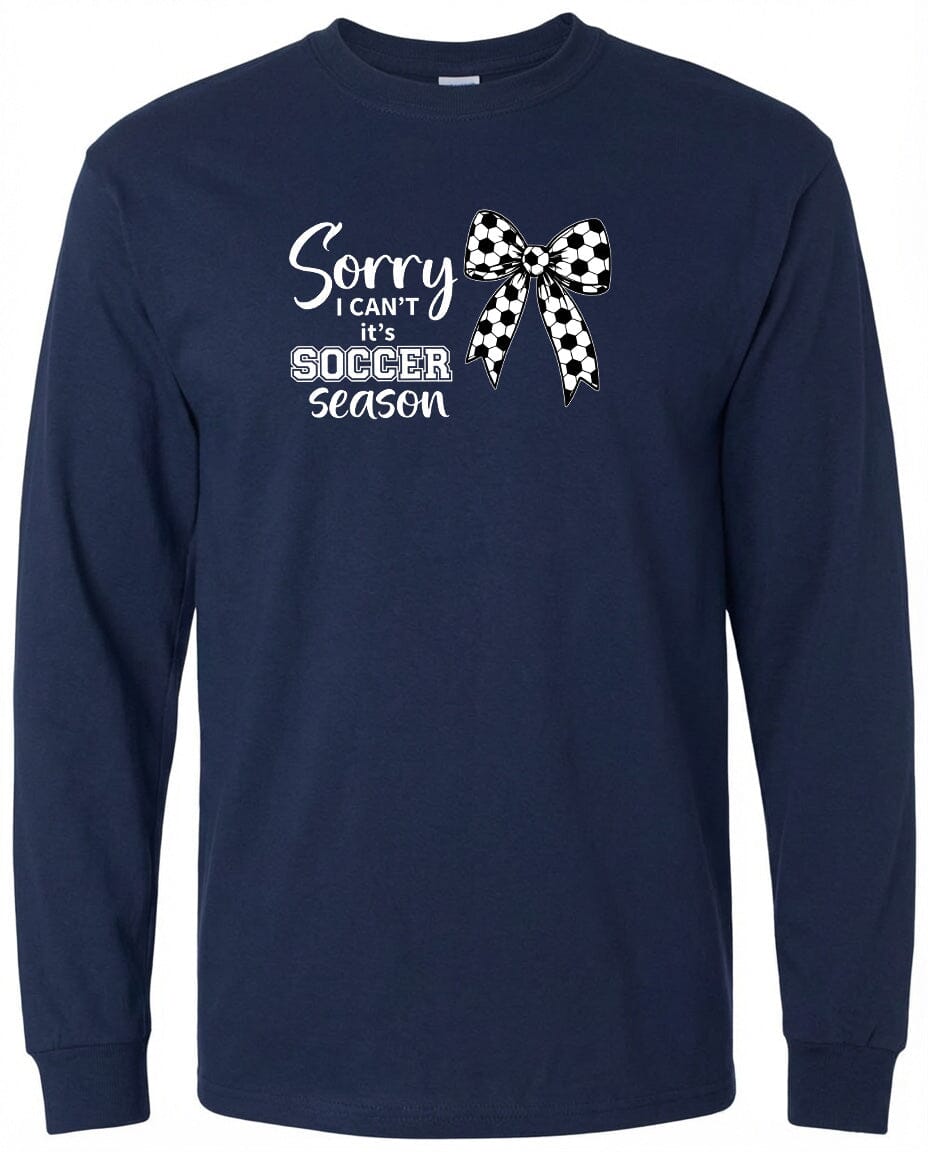 ADULT Sorry I Can't It's Soccer Season Chest Logo T Shirt | Hoodie | Long Sleeve | Sweatshirt | Crew Neck | Tank Top Fiesta Doodle waterproof vinyl sticker. dishwasher safe outdoor sticker.