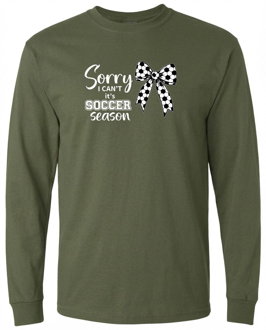ADULT Sorry I Can't It's Soccer Season Chest Logo T Shirt | Hoodie | Long Sleeve | Sweatshirt | Crew Neck | Tank Top Fiesta Doodle waterproof vinyl sticker. dishwasher safe outdoor sticker.
