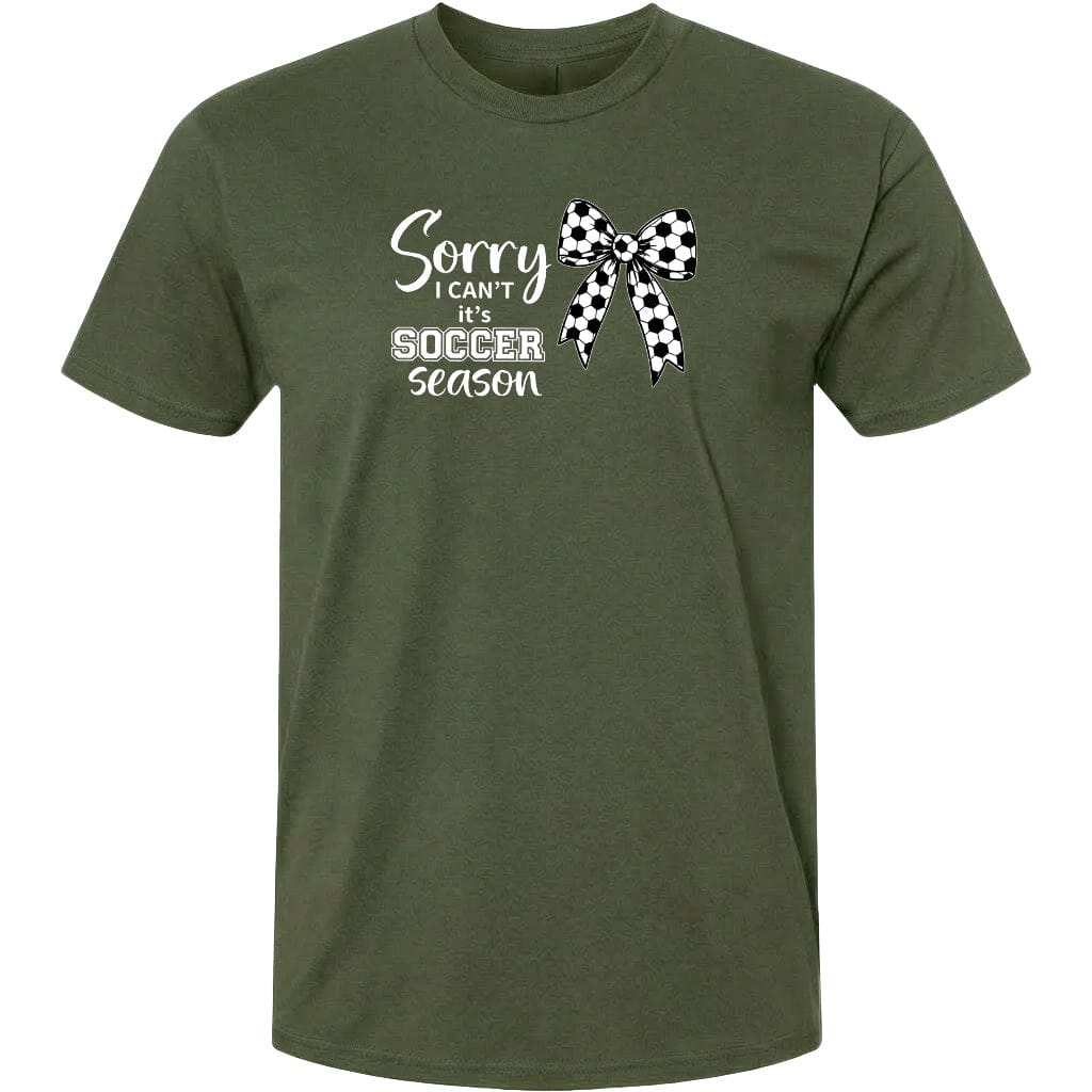 ADULT Sorry I Can't It's Soccer Season Chest Logo T Shirt | Hoodie | Long Sleeve | Sweatshirt | Crew Neck | Tank Top Fiesta Doodle T Shirt XS Military Green waterproof vinyl sticker. dishwasher safe outdoor sticker.