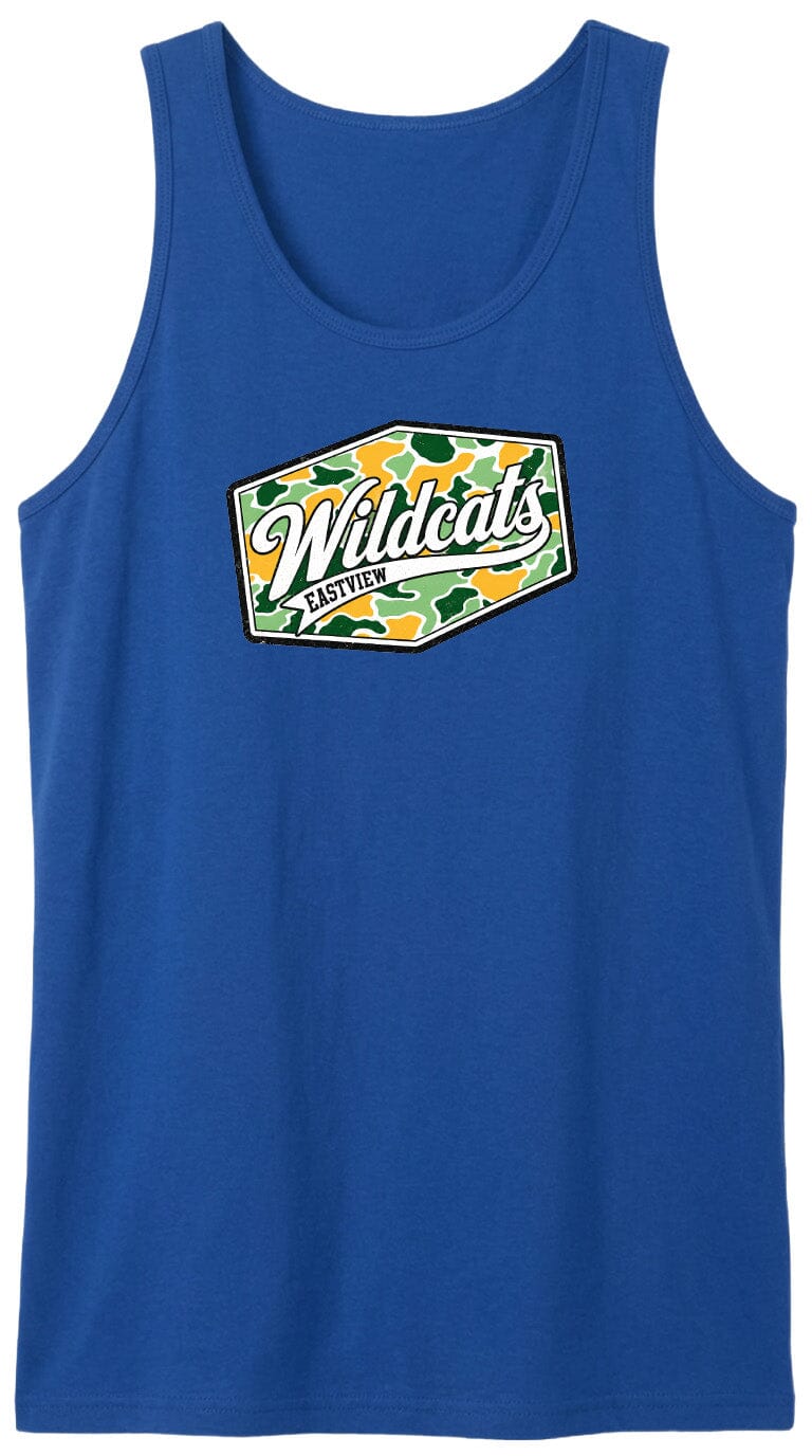 A blue tank top with a graphic design featuring the text "Wildcats" and a camouflage pattern.