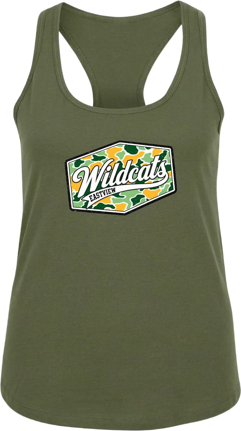 A green tank top with a graphic design featuring the text "Wildcats EASTVIEW" and a camouflage pattern.