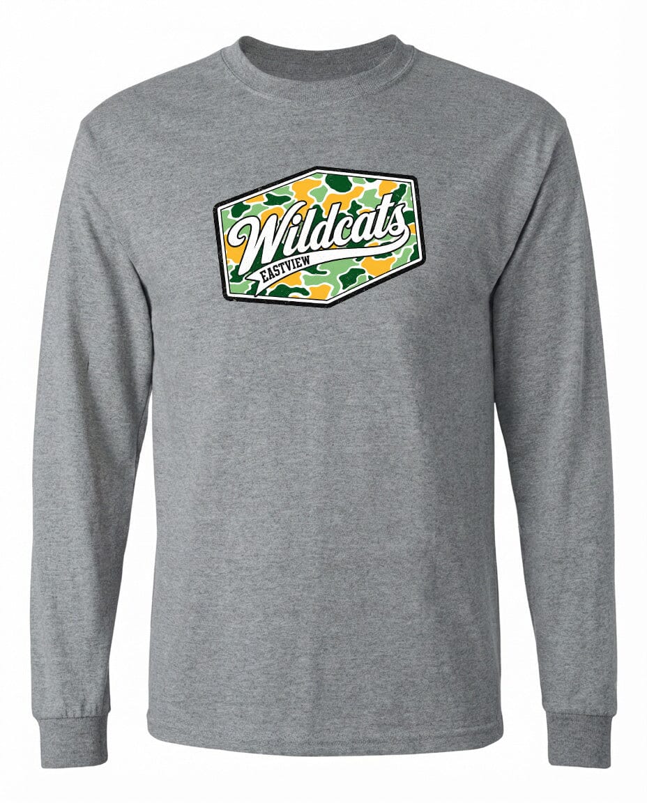 A gray long-sleeved t-shirt with a graphic design featuring a patch with the text "Wildcats Eastwood" and a camouflage pattern.