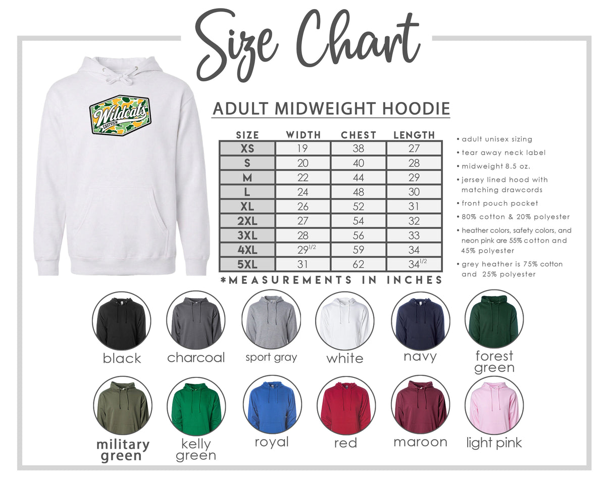 The image is a size chart for an adult midweight hoodie, including various color options and corresponding measurements in inches.