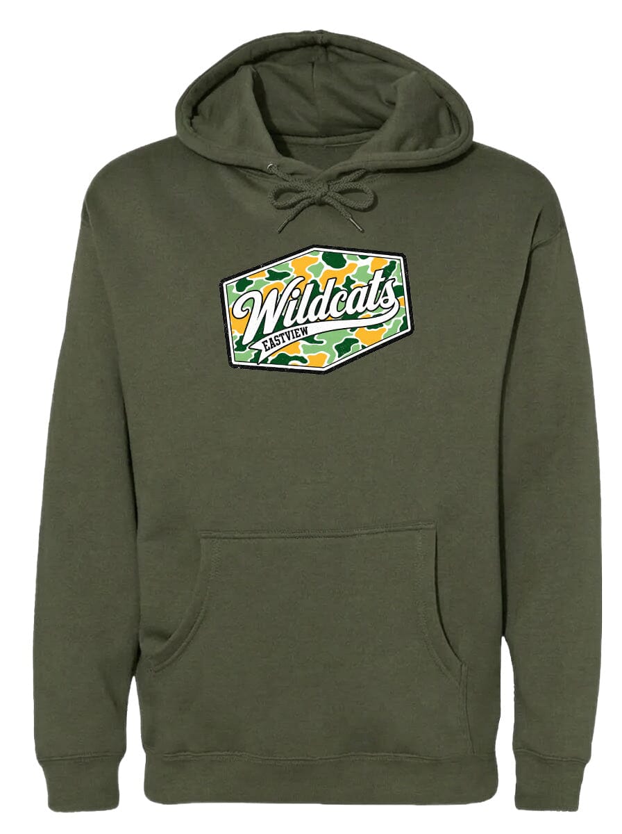 A dark green hoodie with a logo on the front.