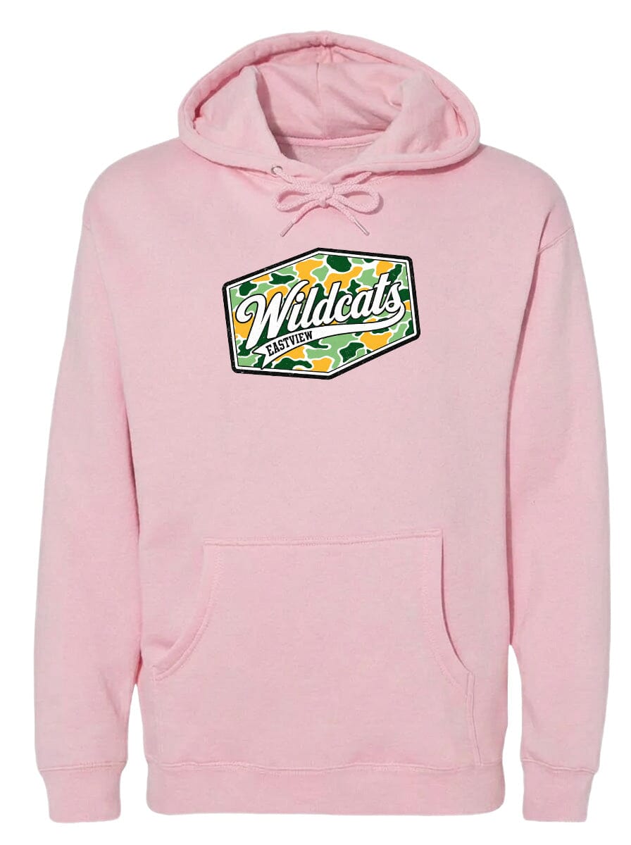 A pink hoodie with a graphic design on the front.