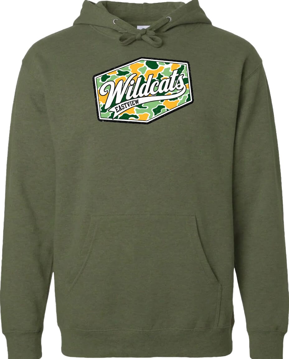A green hoodie with a graphic design on the front.