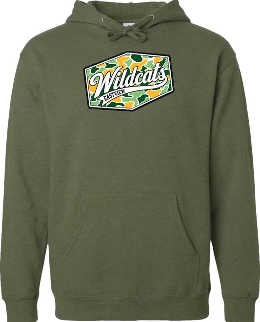 A green hoodie with a graphic design on the front.