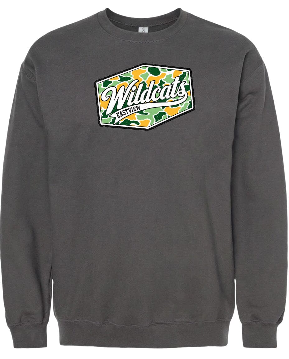 A gray sweatshirt with a graphic design on the front.