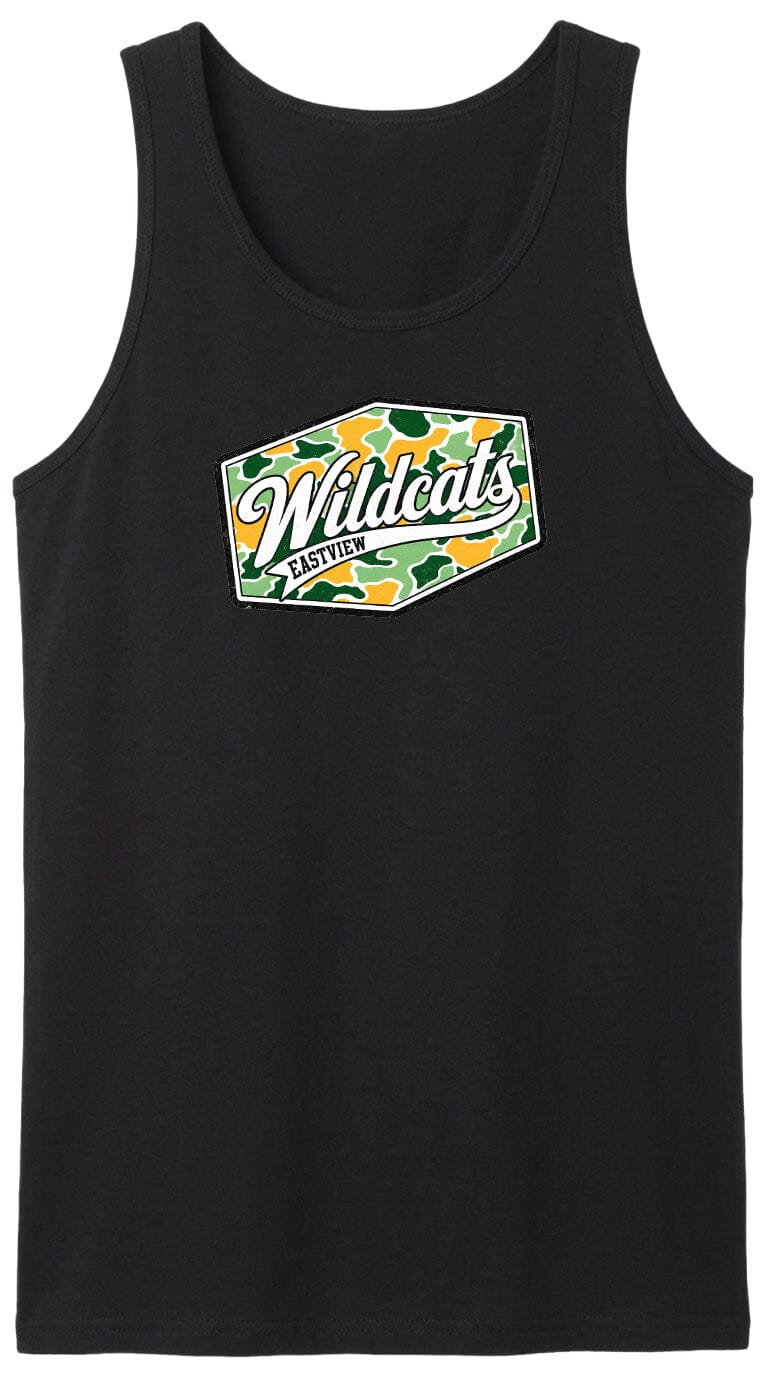 A black tank top with a graphic design on the front.