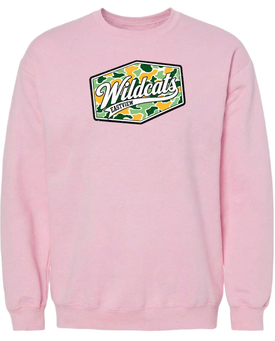 A pink sweatshirt with a graphic design featuring the word "Wildcats" in a stylized font.