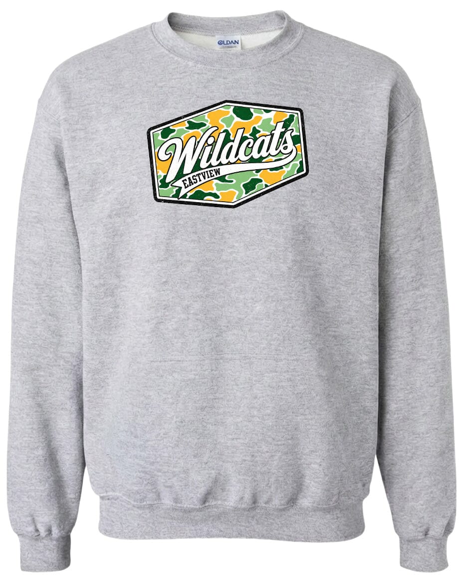 A gray sweatshirt with a graphic design featuring the word "Wildcats" in a stylized font, surrounded by a camouflage pattern.