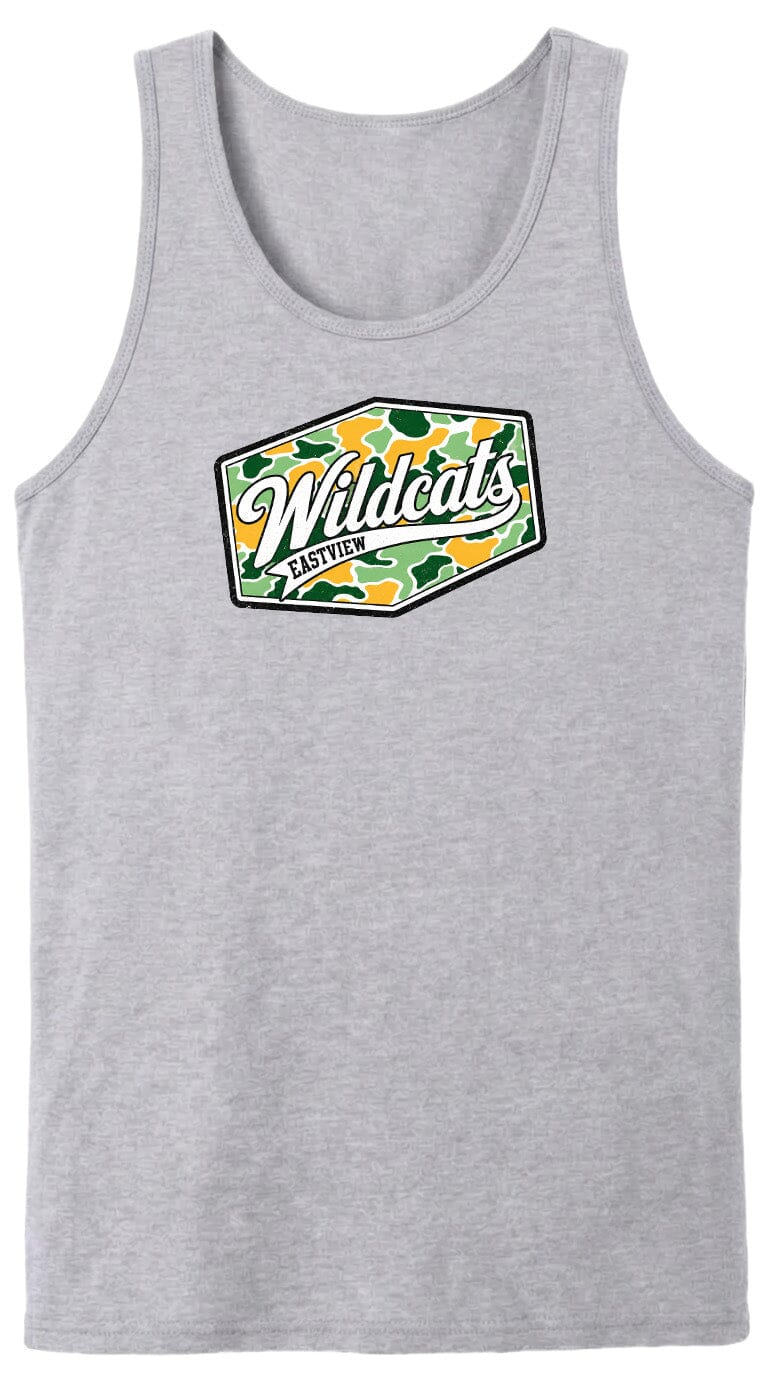 A gray tank top with a graphic design featuring the text "Wildcats" and a camouflage pattern.