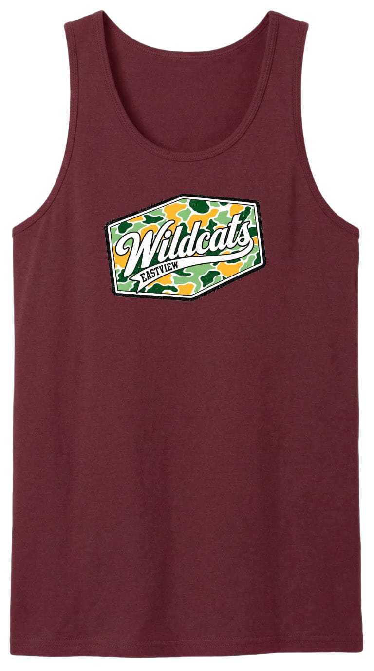 A burgundy tank top with a graphic design featuring the text "Wildcats" and a camouflage pattern.