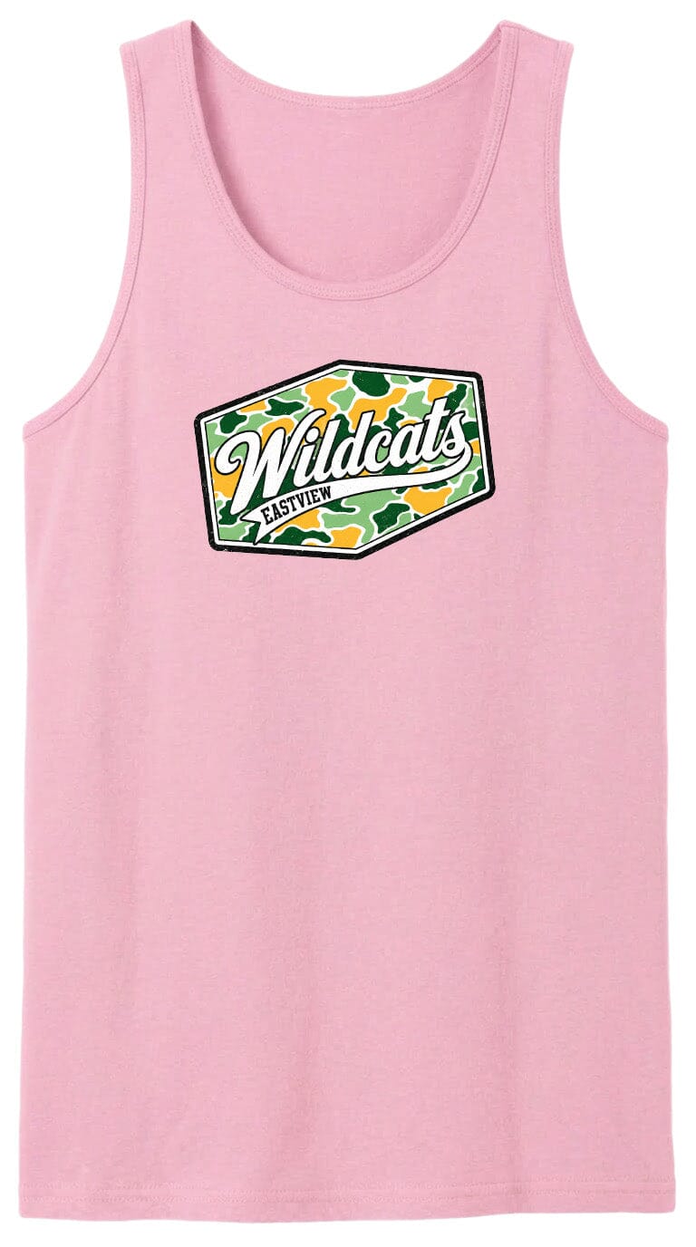 A pink tank top with a graphic design featuring the text "Wildcats" and a camouflage pattern.
