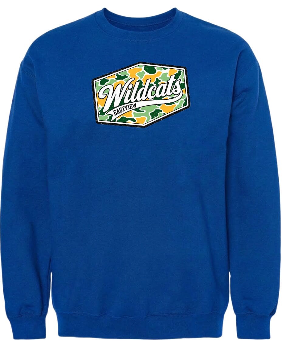 A blue sweatshirt with a graphic design on the front.