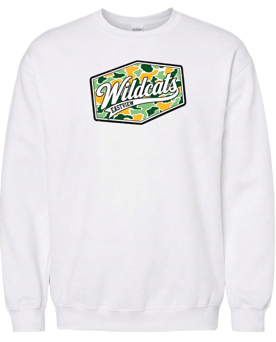 A white sweatshirt with a graphic design featuring the word "Wildcats" in a stylized font.