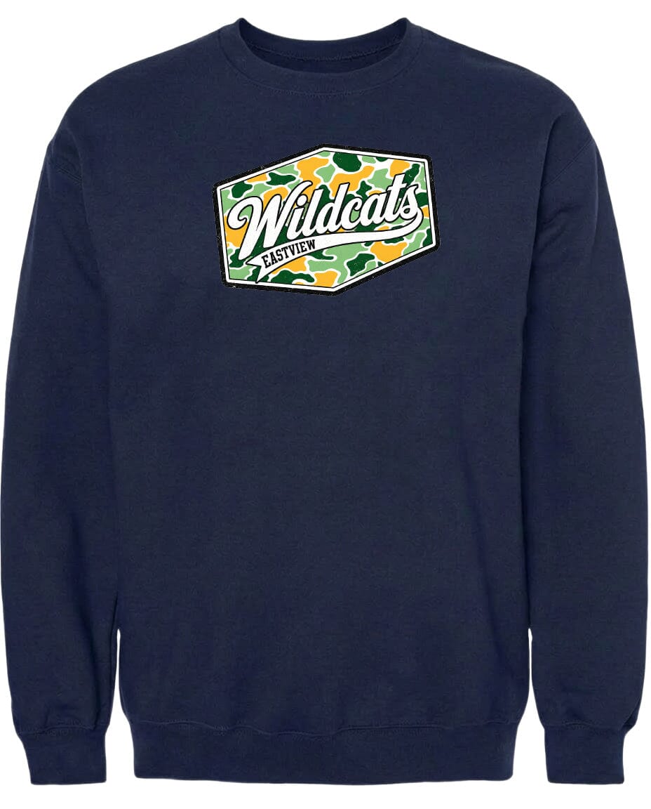 A navy blue sweatshirt with a graphic design on the front.