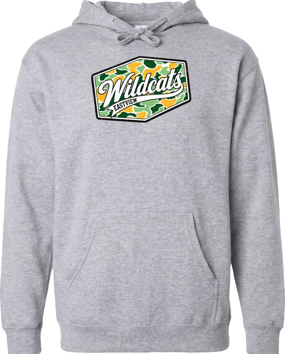A gray hoodie with a graphic design on the front.