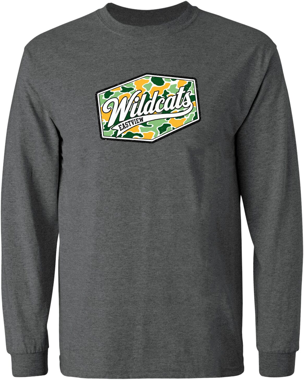 A gray long-sleeved t-shirt with a graphic design on the front. The design features a camouflage pattern and the text "Wildcats" written in a stylized font.