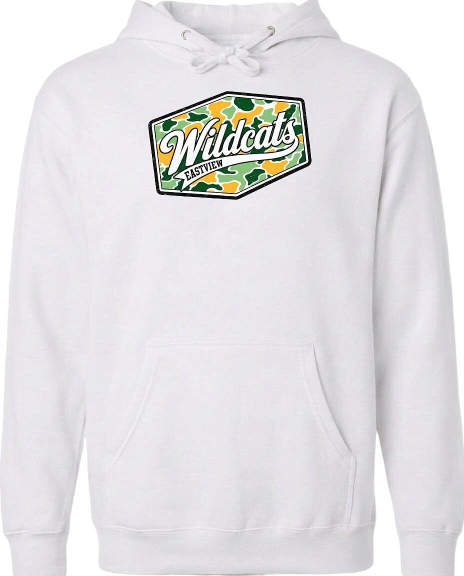 A white hoodie with a graphic design on the front.