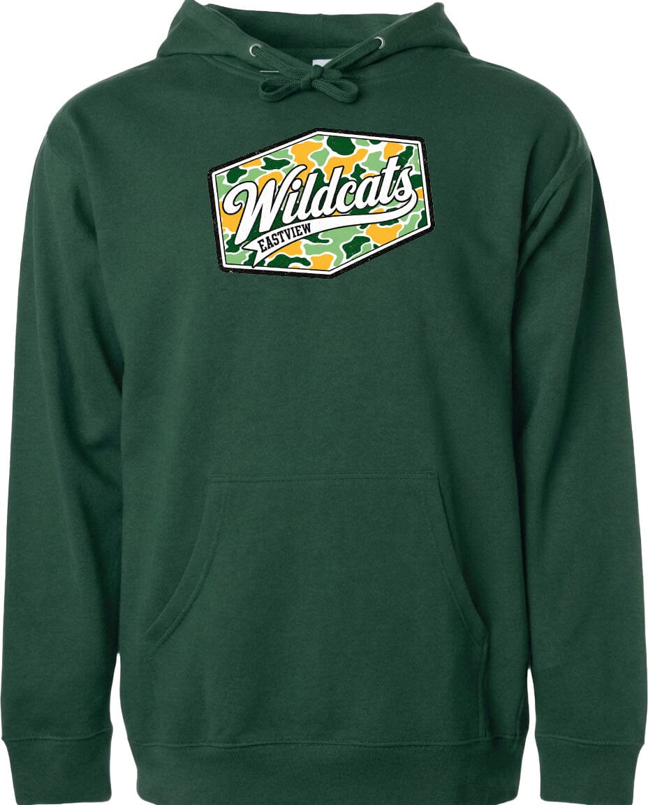 A green hoodie with a logo on the front.