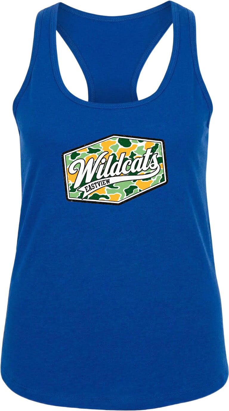 A blue tank top with a camouflage-patterned logo on the front.