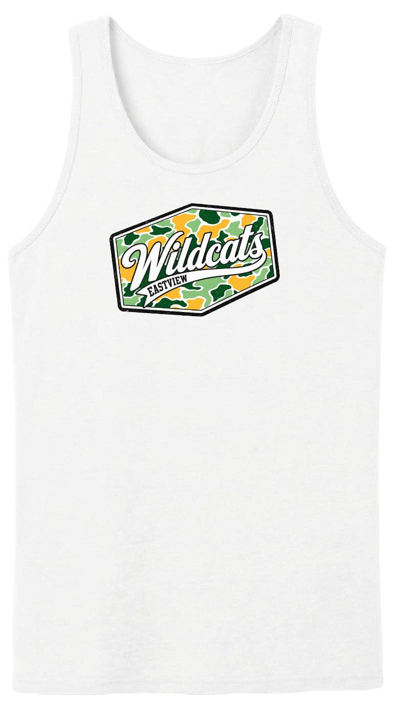 A white tank top with a graphic design featuring the text "Wildcats" and a camouflage pattern.