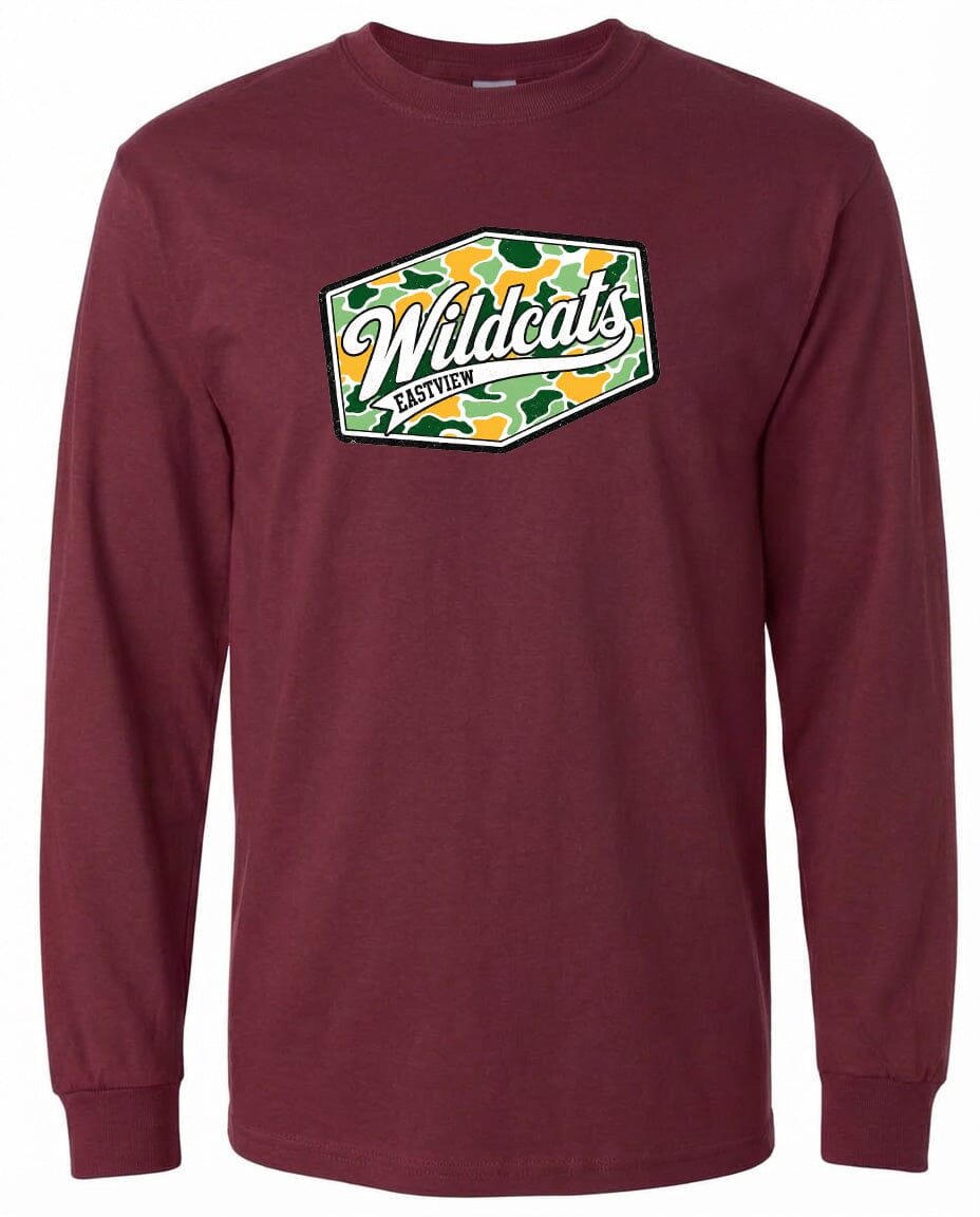 A burgundy long-sleeved t-shirt with a graphic design featuring the text "Wildcats" and a camouflage pattern.