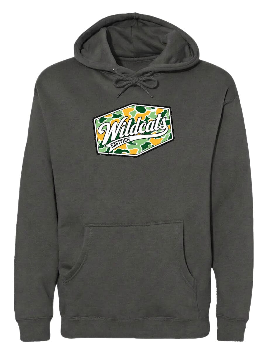 A gray hoodie with a graphic design on the front.