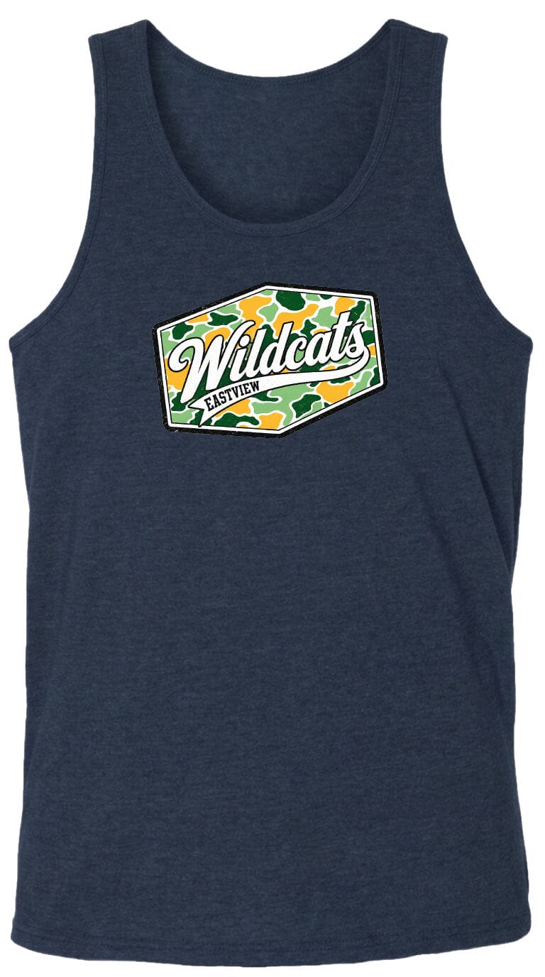 A navy blue tank top with a graphic design featuring the text "Wildcats" and a camouflage pattern.