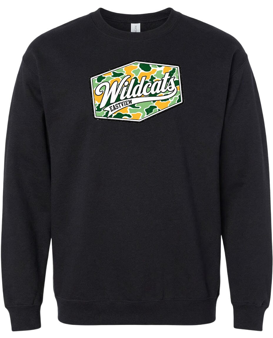 A black sweatshirt with a graphic design on the front.