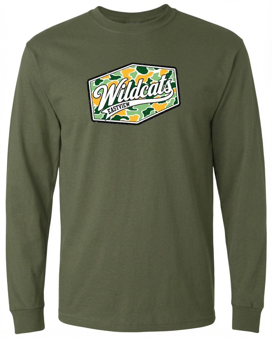 A long-sleeved olive green t-shirt with a graphic design on the front.