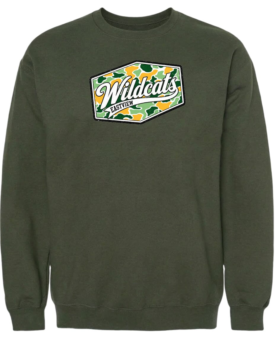 A dark green sweatshirt with a graphic design on the front.