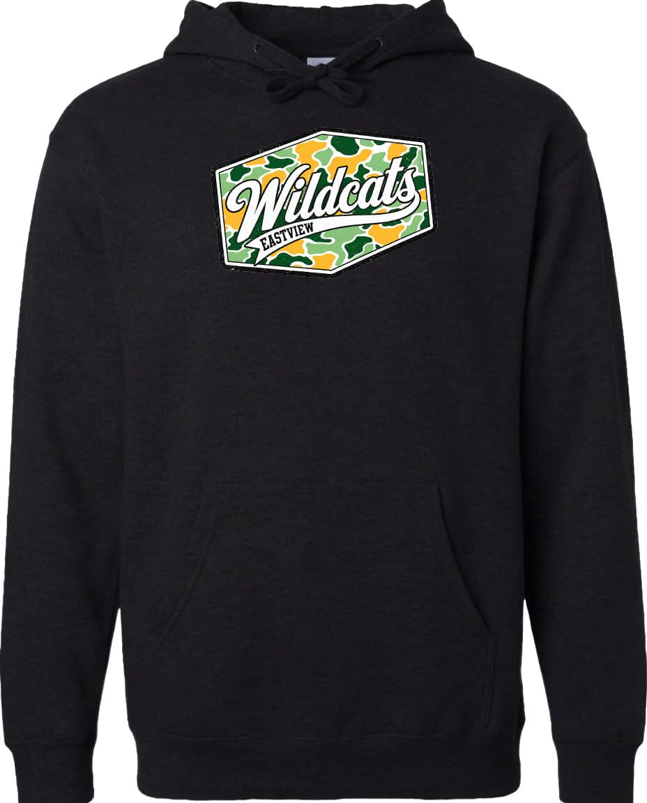 A black hoodie with a graphic design on the front.