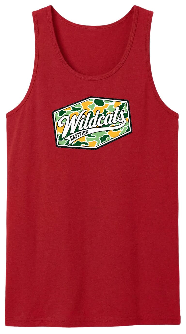 A red tank top with a graphic design featuring the text "Wildcats" and "Easyview" printed on it.