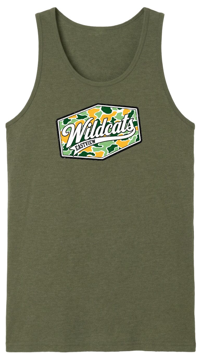 A green tank top with a graphic design featuring the text "Wildcats" and a camouflage pattern.