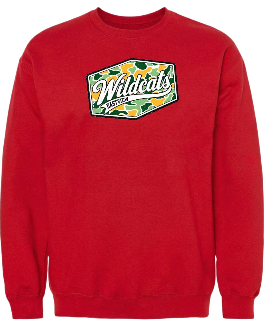 A red sweatshirt with a graphic design featuring the word "Wildcats" in a stylized font.