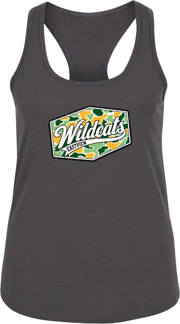 A gray tank top with a graphic design featuring the text "Wildcats EASTYPE" and a camouflage pattern.